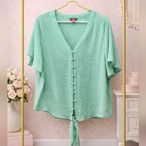 New Vince Camuto Large Mint Green Button-Front Tie-Hem Blouse
